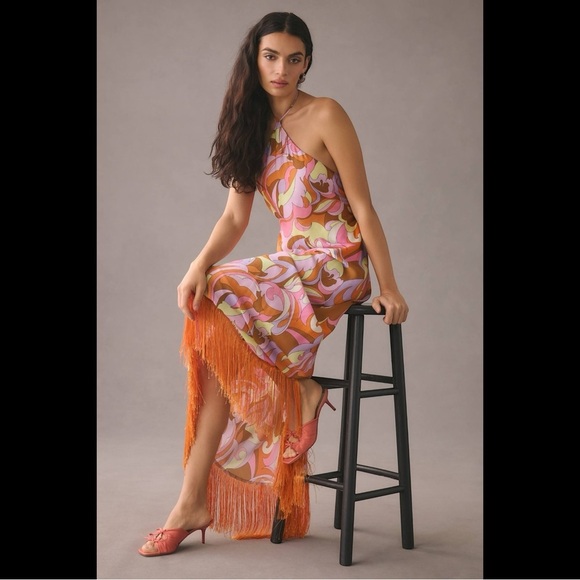 Anthropologie Delfi Collective Halter Fringe Maxi Dress Medium Retro Event - Picture 3 of 16